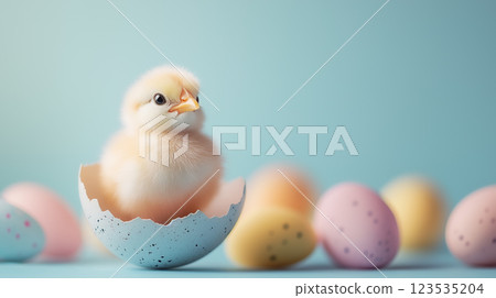 Adorable baby chick hatching from a speckled blue eggshell among pastel Easter eggs on a soft turquoise background. 123535204