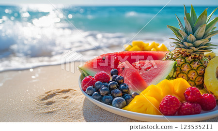 Vibrant fruit platter with watermelon, pineapple, mango, raspberries, and blueberries on a sandy beach with ocean waves in the background. 123535211