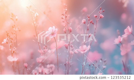 Dreamy pink wildflowers in soft sunlight with a pastel blurred background. 123535212