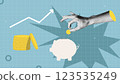 Trendy Minimalist collage with hand.Finance-themed banner.Concept of business,banking,savings, finance, sales.Web banner, social media banner,business presentation.Piggy bank and stack of coins. 123535249