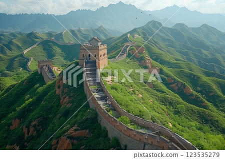 The Wall winding through lush green mountains under a sunny sky, showcasing its historic architecture and stunning natural surroundings 123535279