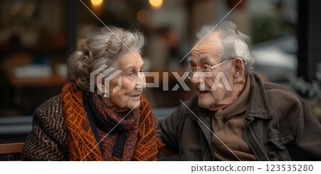 Elderly couple sitting together, smiling and sharing a heartfelt conversation, showcasing love, companionship, and warmth in an outdoor setting 123535280