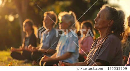 A group of elderly people practicing yoga in a park at sunset, promoting health, relaxation, and mindfulness in a peaceful natural environment 123535309