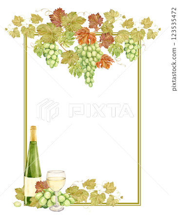 Watercolor vertical frame with grapes, wine bottle and glass. Illustration of grapevine, green berries and leaves. Frame for white wine, jam, juice label. Clipart for wine, cafe, restaurant. 123535472