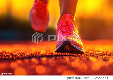 Close up view of runners legs in starting position under bright light during a morning run 123535518