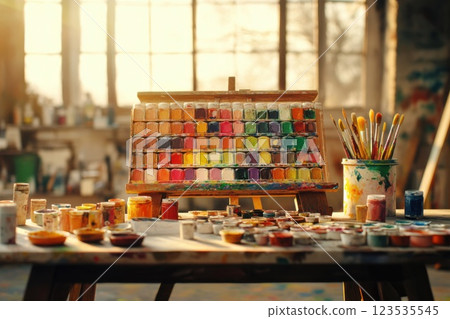 Artist prepares tools and paints on table for new creative project in bright studio 123535545