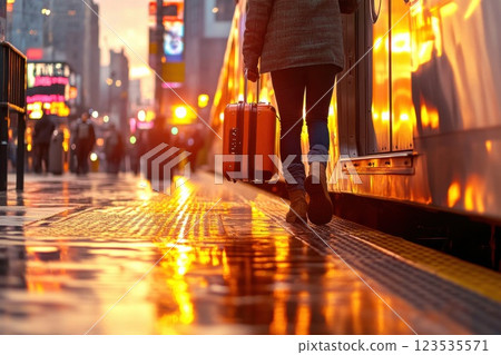 Person steps onto urban platform in vibrant city after train arrival 123535571