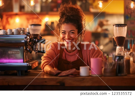 Smiling barista setting up espresso machine in new coffee shop with warm inviting atmosphere 123535572