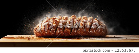 Rustic sourdough loaf sliced on a wooden cutting board showcasing delicious crust and texture 123535675