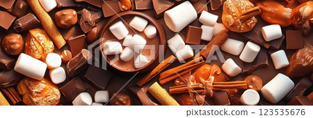 Warm beverage preparation with marshmallows and chocolate in cozy tones 123535676