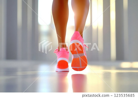 Runner in low start position illuminated by bright light ready to sprint on a flat surface 123535685