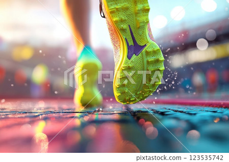 Runner prepares for race in low start position on stadium track under bright light 123535742