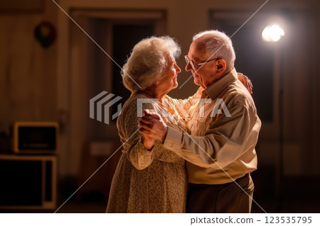 Elderly couple enjoying a dance together in a cozy living room with warm lighting 123535795