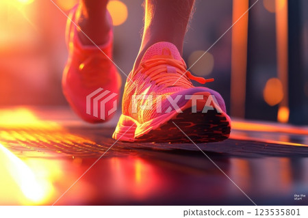 Runner preparing to begin workout on treadmill under bright sunlight 123535801