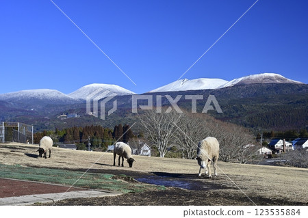 Kirishima mountain range from Takachiho Ranch in winter Kirishima mountain range from Takachiho Ranch in winter 123535884