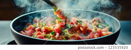 Steaming pot of hearty stew stirred with fresh ingredients and warm aroma in cozy kitchen setting 123535920