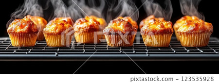 Freshly baked muffins cool on a rack releasing warm steam in a cozy kitchen setting Freshly baked muffins cool on a rack releasing warm steam in a cozy kitchen setting 123535928