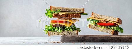 Flying sandwich ingredients showcase vibrant layers in a light atmosphere 123535940