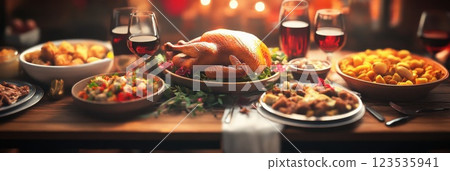 Gathering around a beautifully arranged Thanksgiving dinner with turkey and delicious sides 123535941