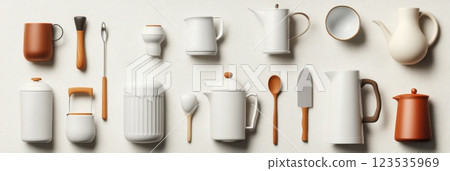 Coffee brewing equipment arranged on beige background with light tones for a minimalistic aesthetic 123535969