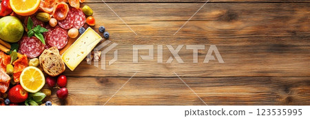 Delight in a vibrant charcuterie board filled with cheeses and fruits on a rustic wooden backdrop 123535995