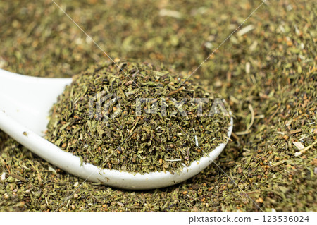 Green dried savory spice close-up detailed view Green dried savory spice close-up detailed view 123536024
