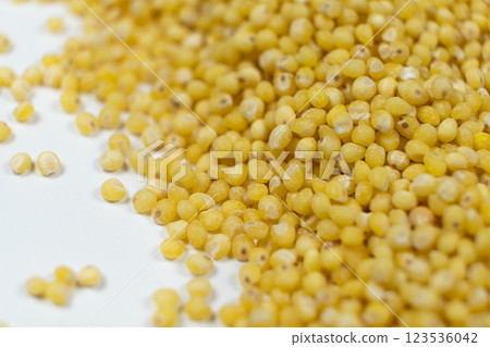 Uncooked organic raw millet grains close-up background Uncooked organic raw millet grains close-up background 123536042
