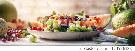 Bright and colorful fruit platter full of berries melons and grapes on a white tablecloth 123536128