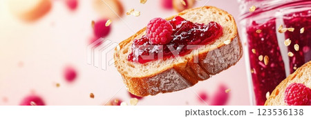 Flying bread slices with butter and jam create a delightful display in mid air 123536138
