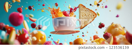 Floating breakfast elements showcase coffee toast and fruit in a vibrant setting 123536139