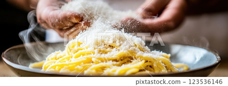 Grated parmesan cheese falling over steaming pasta in a beautiful close up view 123536146