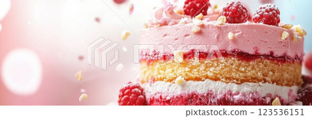 Floating layers of cake being stacked with frosting and berries in a bright environment 123536151