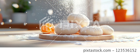 Flour sifting capturing the art of dough preparation in a bright kitchen setting Flour sifting capturing the art of dough preparation in a bright kitchen setting 123536152