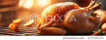 Close up of golden brown roasted chicken with crispy skin resting on a rack 123536154