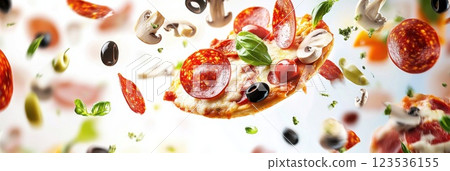 Flying toppings create a delicious spectacle above pizza base with vibrant colors and textures 123536155