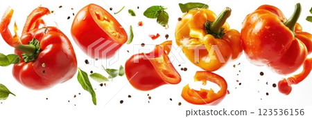 Fresh vegetables and herbs floating mid air with bright natural light and space for text 123536156