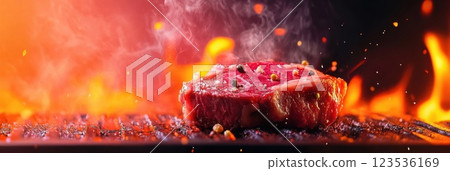 Juicy steak sizzles on a grill as flames and smoke create an enticing atmosphere 123536169