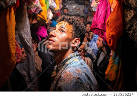 Young man leads evacuees through crowded zone in low light with emotional depth 123536224