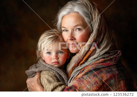 Middle aged woman comforts young child in temporary shelter during low light hours 123536272