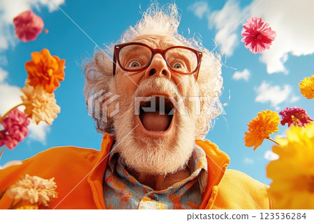 Elderly man plays a practical joke on his grandchild in a sunny flower filled backyard 123536284