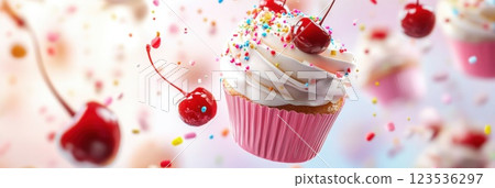 Floating cupcake elements with frosting sprinkles and cherries in a bright setting Floating cupcake elements with frosting sprinkles and cherries in a bright setting 123536297