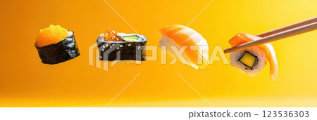 Sushi pieces floating in the air with chopsticks reaching for a piece in a bright setting Sushi pieces floating in the air with chopsticks reaching for a piece in a bright setting 123536303