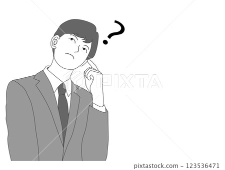 Illustration of a wondering businessman with question marks, upper body front 123536471