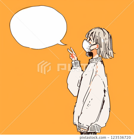 [Speech bubble] A woman wearing a mask making a peace sign and a speech bubble 123536720