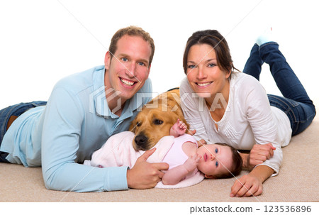 Baby mother and father happy family and dog 123536896