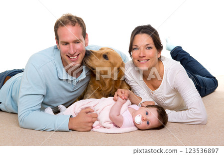 Baby mother and father happy family and dog 123536897