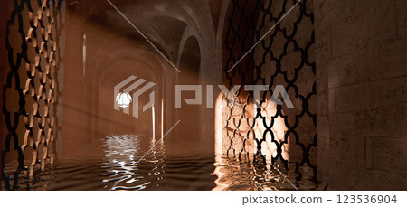 Medieval Tunnel Background, Water Reflections and Sunbeams, 3D Render Medieval Tunnel Background, Water Reflections and Sunbeams, 3D Render 123536904