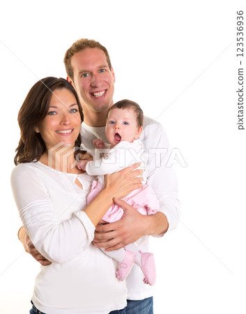 Baby girl mother and father family happy on white Baby girl mother and father family happy on white 123536936