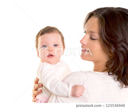 Baby girl hug in mother arms on white 123536940