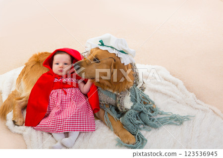 Baby Little Red Riding Hood with wolf dog as grandma 123536945